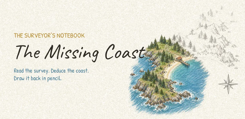 The Missing Coast: a pencil-drawn coastline with a small harbor, pine forest and lighthouse on notebook paper.